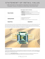 4.58ct Emerald Cut Teal Sapphire Triple Band with Diamonds and Evergreen Texture 4 Prong Low Profile Ring in 18k Yellow Gold