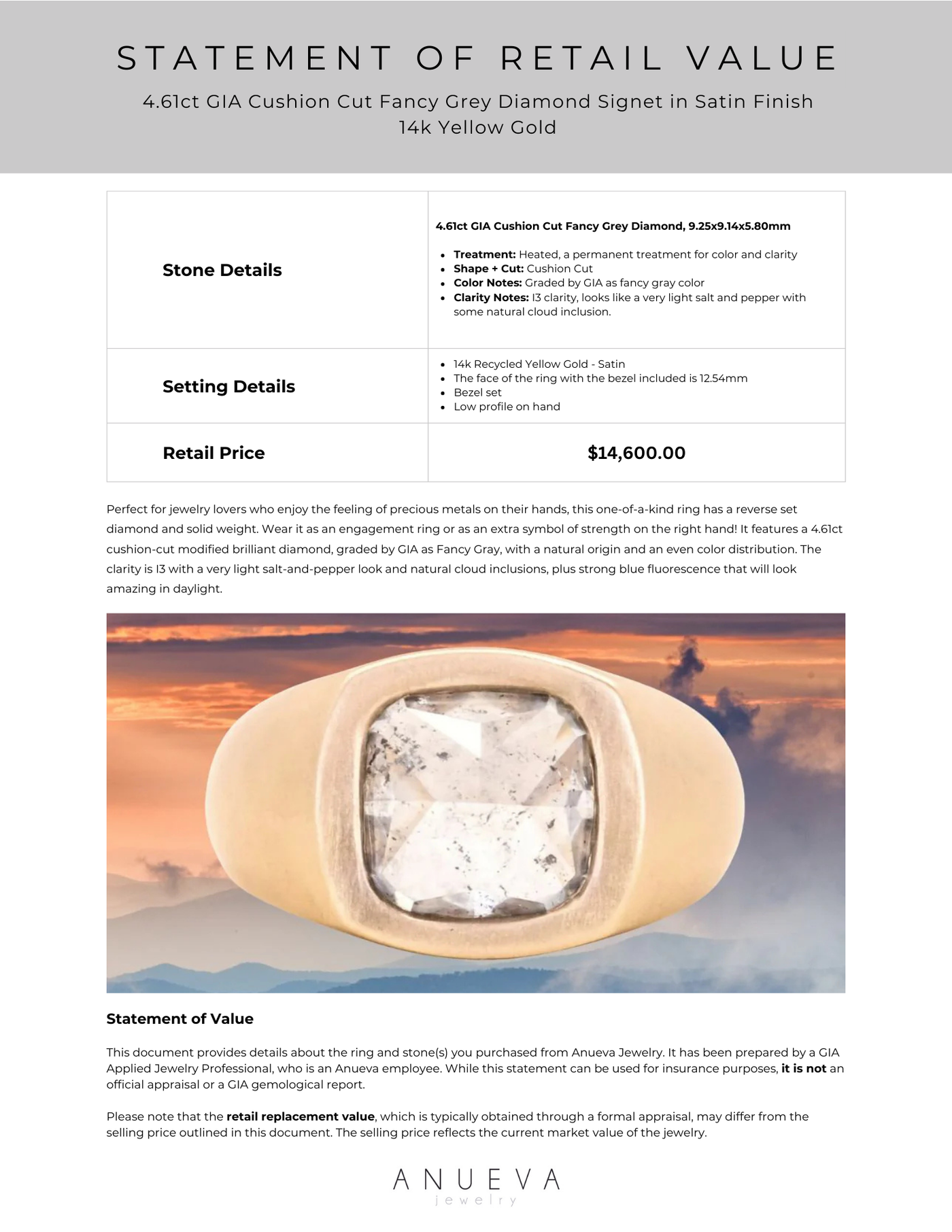 4.61ct GIA Cushion Cut Fancy Grey Diamond Signet in Satin Finish 14k Y Anueva Jewelry
