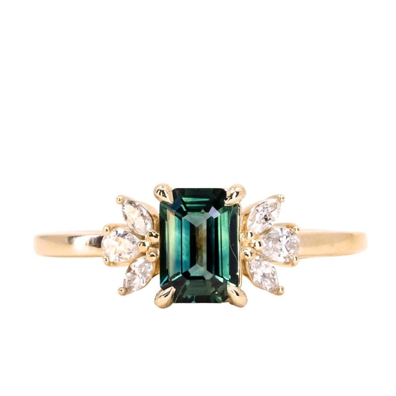 Blue-green Sapphire and Diamond Halo Ring | Pravins