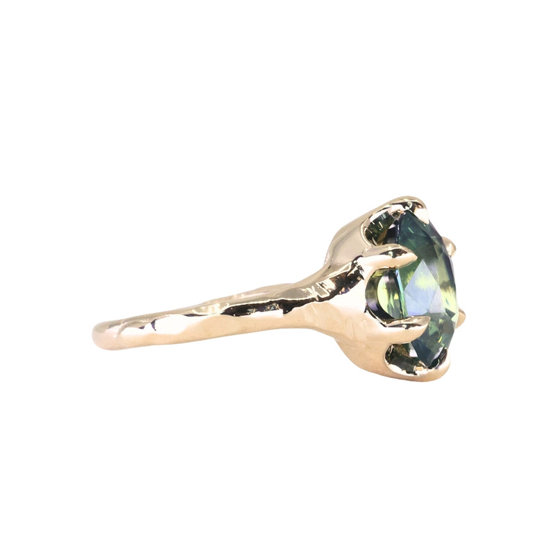 3.29ct Untreated Oval Parti Green Sapphire Low Profile 6 Prong Evergreen Carved Solitaire in 14k Yellow Gold