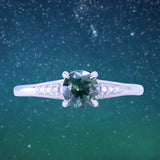 1.07ct Untreated Deep Teal Green Nigerian Sapphire Four Prong Low Profile Milgrain and Diamond Ring in 14k White Gold