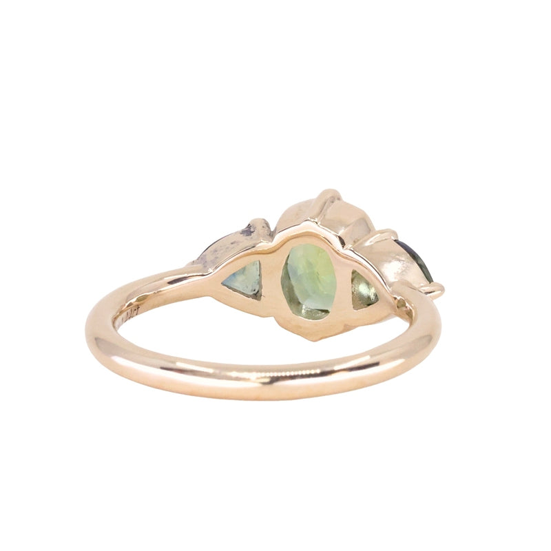 1.44ct Fancy Cushion Cut Australian Sapphire and Trillion Australian Sapphire Compass Set Low Profile Ring in 14k Yellow Gold