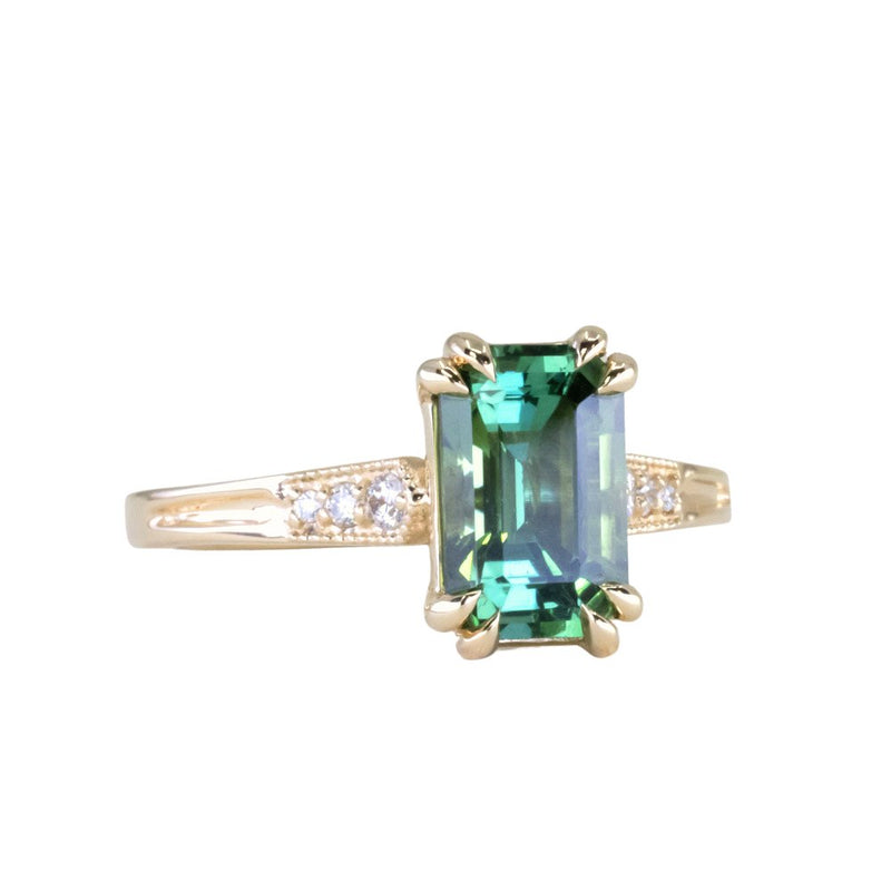 2.0ct Emerald Cut Green Tourmaline and Diamond Vintage Cathedral Double Prong Ring in 14k Yellow Gold