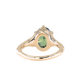 3.29ct Untreated Oval Parti Green Sapphire Low Profile 6 Prong Evergreen Carved Solitaire in 14k Yellow Gold