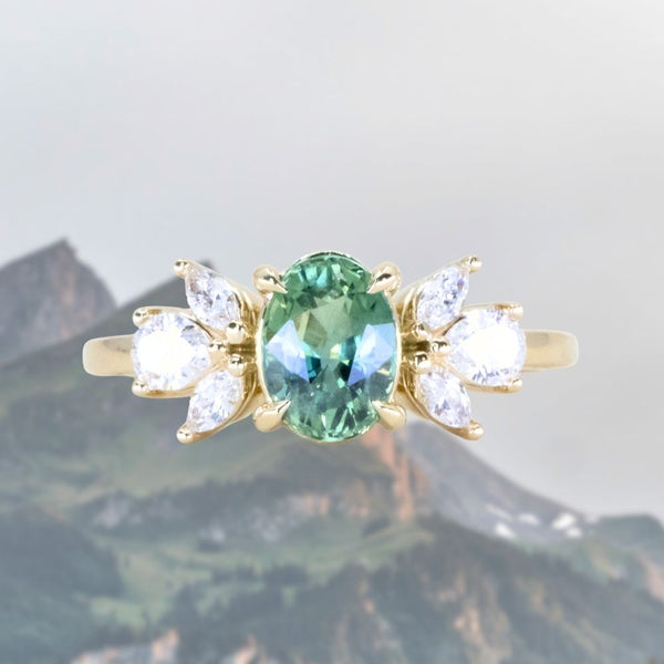 1.73ct Untreated Oval Seafoam Teal Sapphire and Lab Grown Marquise Diamond Cluster Ring in 14k Yellow Gold