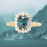 2.14ct Radiant Cut Teal Madagascar Sapphire Antique-Style Diamond Halo Ring in 18 Yellow Gold