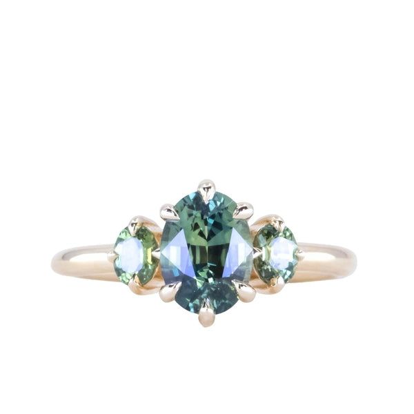 1.75ct Oval Parti Untreated Madagascar Sapphire and Green Oval Sapphire Three Stone Ring in 14k Yellow Gold