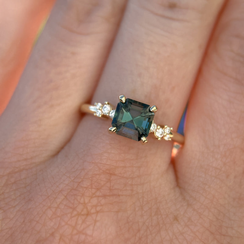 1.60ct Asscher Blue Green Madagascar Sapphire and Diamond Starry Night Low Profile Solitaire in 14k Yellow Gold