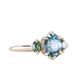 1.75ct Oval Parti Untreated Madagascar Sapphire and Green Oval Sapphire Three Stone Ring in 14k Yellow Gold