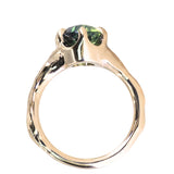3.29ct Untreated Oval Parti Green Sapphire Low Profile 6 Prong Evergreen Carved Solitaire in 14k Yellow Gold