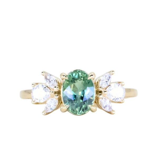 1.73ct Untreated Oval Seafoam Teal Sapphire and Lab Grown Marquise Diamond Cluster Ring in 14k Yellow Gold