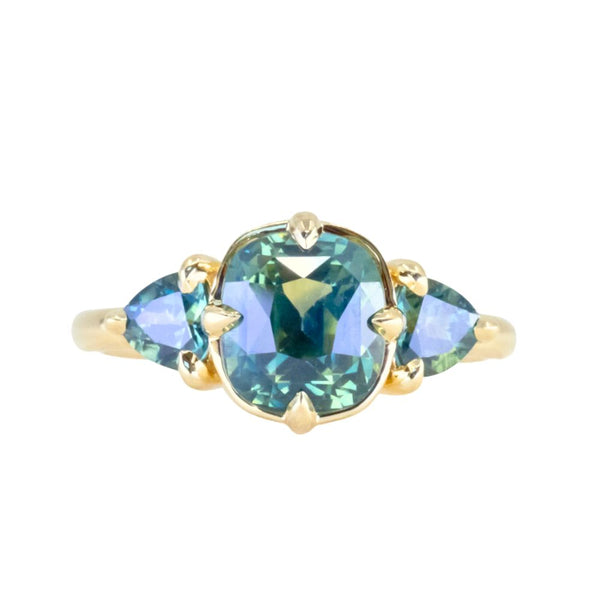 3.17ct Cushion Parti Teal Sapphire and Trillion Sapphire Antique Compass Set Low Profile Ring in 18k Yellow Gold