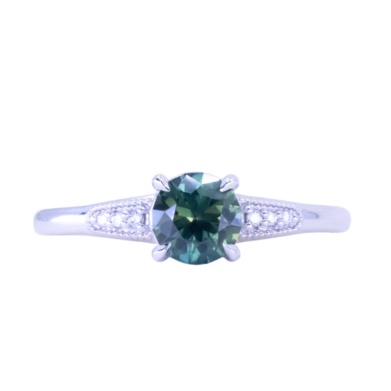 1.07ct Untreated Deep Teal Green Nigerian Sapphire Four Prong Low Profile Milgrain and Diamond Ring in 14k White Gold