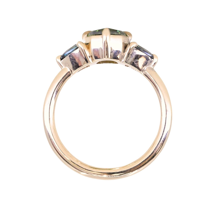 1.44ct Fancy Cushion Cut Australian Sapphire and Trillion Australian Sapphire Compass Set Low Profile Ring in 14k Yellow Gold