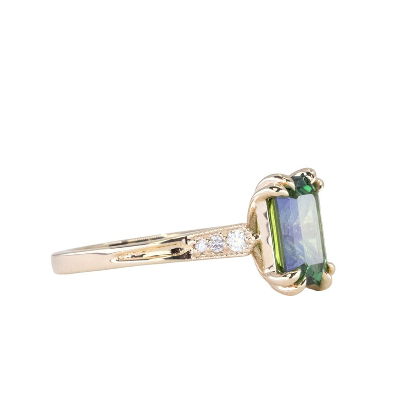 2.0ct Emerald Cut Green Tourmaline and Diamond Vintage Cathedral Double Prong Ring in 14k Yellow Gold