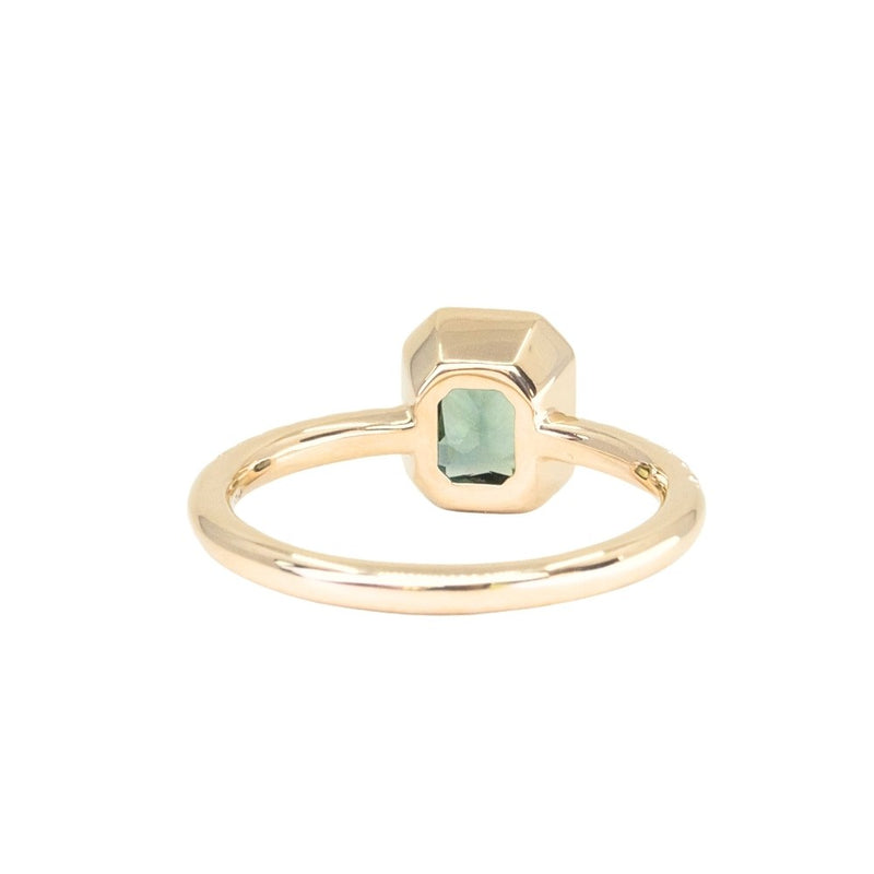 1.27ct Radiant Cut Madagascar Teal Sapphire Low Profile Bezel Solitaire Ring with French Set Diamonds in 14k Yellow Gold