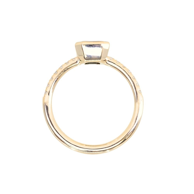 1.27ct Radiant Cut Madagascar Teal Sapphire Low Profile Bezel Solitaire Ring with French Set Diamonds in 14k Yellow Gold