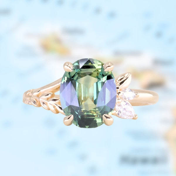 3.07ct Untreated Oval Madagascar Sapphire in Wandering Vine Low Profile 4 Prong Setting with Diamonds in 14k Yellow Gold