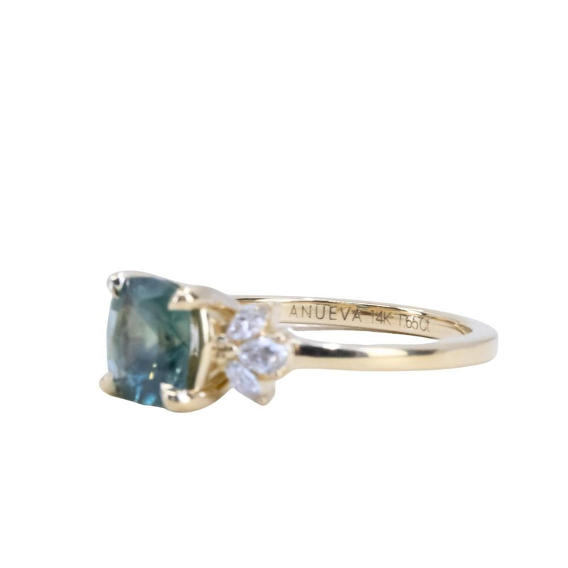 1.65ct Silky, Untreated Cushion Cut Montana Sapphire and Lab Grown Marquise Diamond Cluster Ring in 14k Yellow Gold