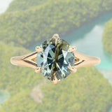3.56ct Oval Madagascar Parti Sapphire Low Profile Six Prong Split Shank Solitaire in 14k Yellow Gold