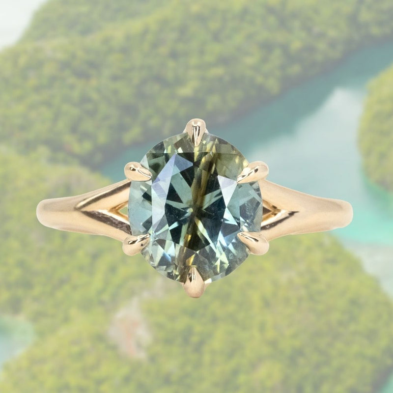 3.56ct Oval Madagascar Parti Sapphire Low Profile Six Prong Split Shank Solitaire in 14k Yellow Gold