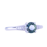 1.07ct Untreated Deep Teal Green Nigerian Sapphire Four Prong Low Profile Milgrain and Diamond Ring in 14k White Gold