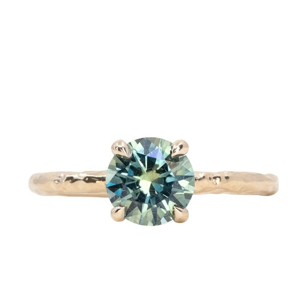 1.47ct Round Teal Montana Sapphire Evergreen Carved 4 Prong Solitaire in 14k Yellow Gold