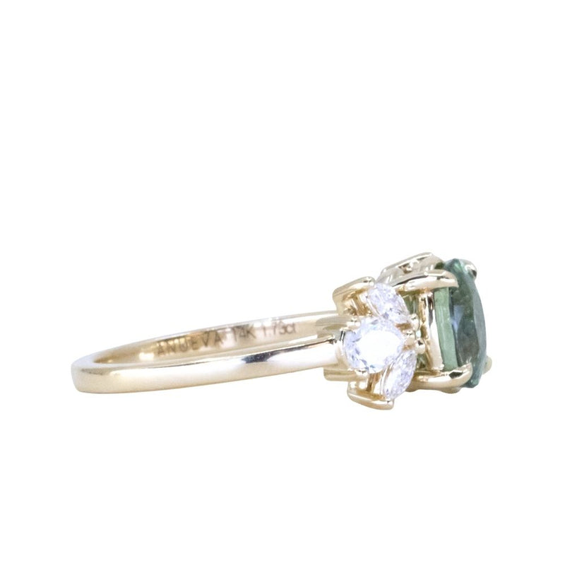 1.73ct Untreated Oval Seafoam Teal Sapphire and Lab Grown Marquise Diamond Cluster Ring in 14k Yellow Gold