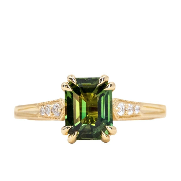2ct Emerald Cut Green Sapphire and Diamond Vintage Cathedral Double Prong Ring in 18k Yellow Gold