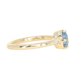 0.89ct Untreated Opalescent Seafoam Teal Speciality Fantasy Cut Sapphire and Kite Diamond Compass Set Three Stone Low Profile Ring in 14k Yellow Gold