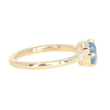 0.89ct Untreated Opalescent Seafoam Teal Speciality Fantasy Cut Sapphire and Kite Diamond Compass Set Three Stone Low Profile Ring in 14k Yellow Gold