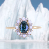 1.01ct Oval Nigerian Sapphire Low Profile Diamond and Pearl Halo Ring in 14k Yellow Gold