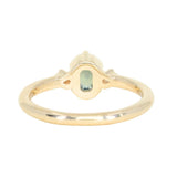 0.89ct Untreated Opalescent Seafoam Teal Speciality Fantasy Cut Sapphire and Kite Diamond Compass Set Three Stone Low Profile Ring in 14k Yellow Gold