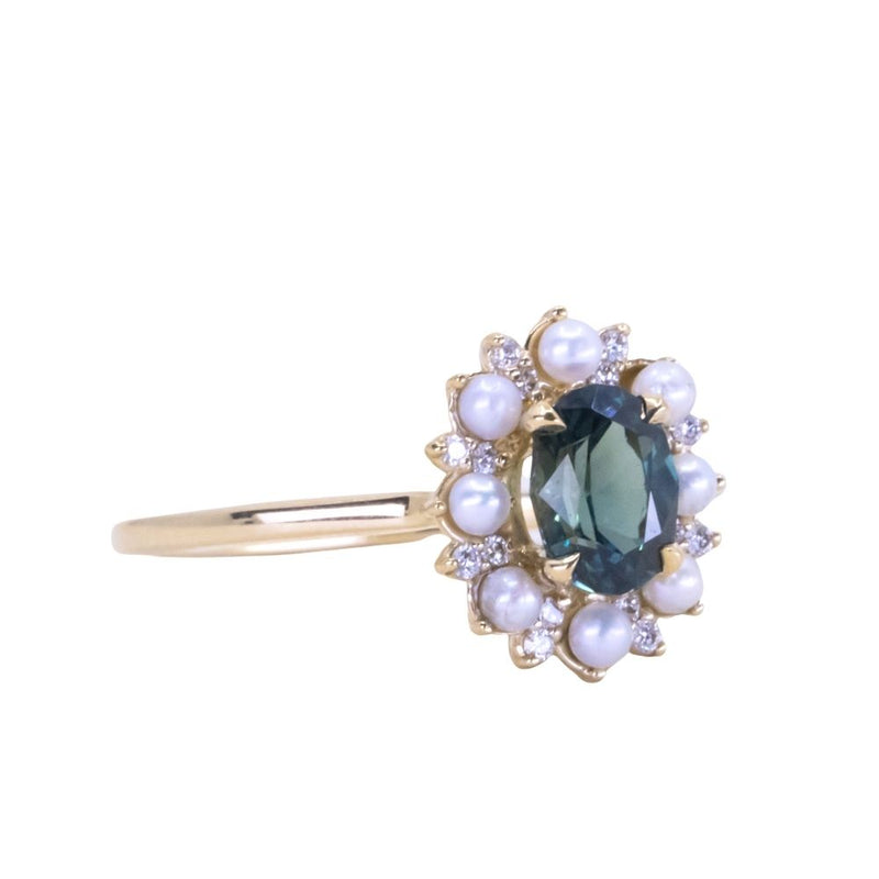 1.01ct Oval Nigerian Sapphire Low Profile Diamond and Pearl Halo Ring in 14k Yellow Gold