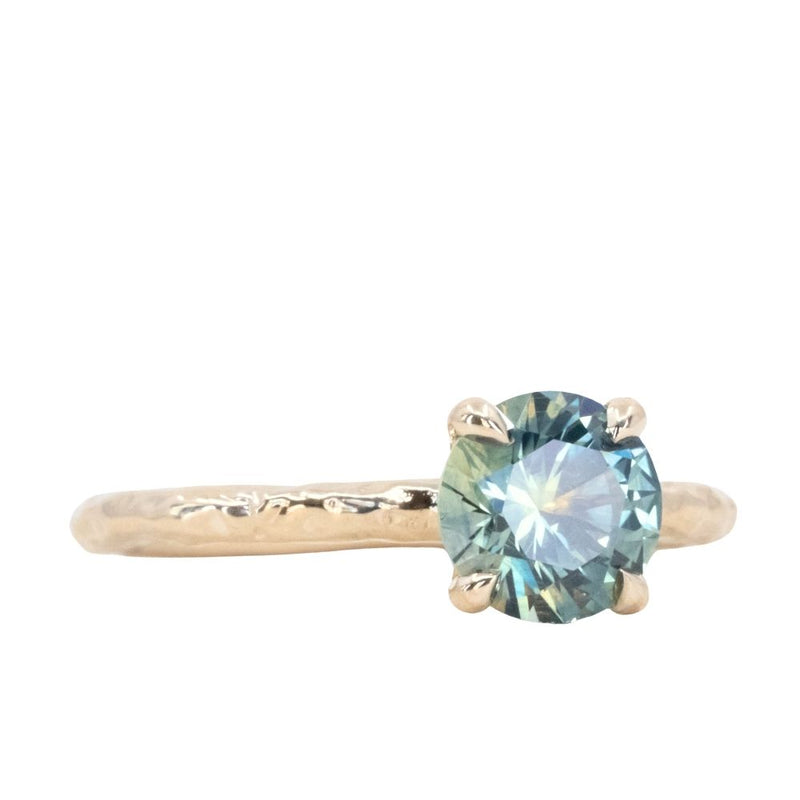 1.47ct Round Teal Montana Sapphire Evergreen Carved 4 Prong Solitaire in 14k Yellow Gold