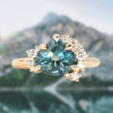 2.57ct Untreated Blue Wide Trillion Montana Sapphire and Antique Diamond Mountainscape Ring in 14k Yellow Gold