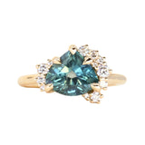 2.57ct Untreated Blue Wide Trillion Montana Sapphire and Antique Diamond Mountainscape Ring in 14k Yellow Gold