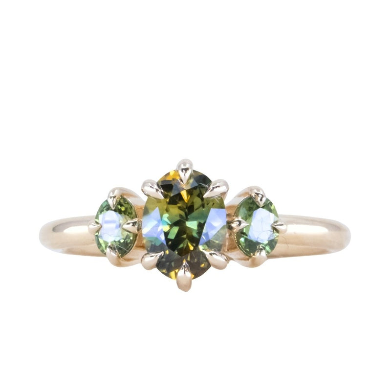 1.12ct Oval Parti Montana and Green Oval Sapphire Three Stone Ring in 14k Yellow Gold