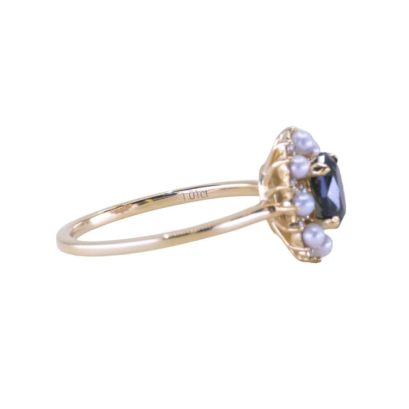 1.01ct Oval Nigerian Sapphire Low Profile Diamond and Pearl Halo Ring in 14k Yellow Gold