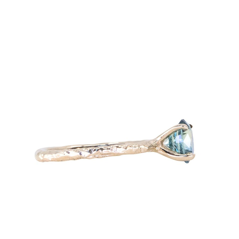 1.37ct Oval Light Teal Blue Precision Cut Montana Sapphire Evergreen Carved 4 Prong Solitaire in 14k Yellow Gold