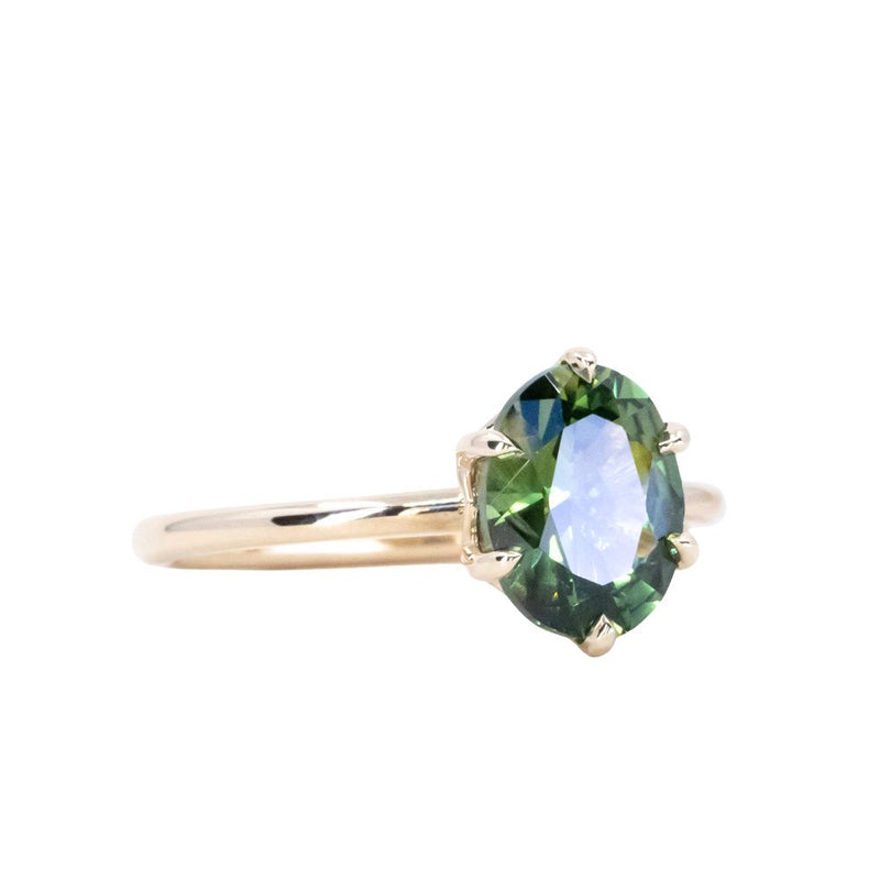 2.12ct Untreated Green Nigerian Oval Sapphire Lotus Solitaire in 14k Yellow Gold