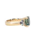 4.86ct Teal Elongated Cushion Sapphire and Salt and Pepper Diamond Three Stone Ring in 14k Yellow