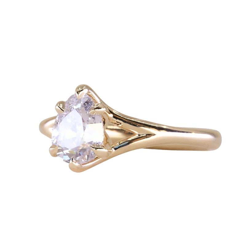 1.18ct Natural Canadian Pear Modern "Antique Cut" Diamond Low Profile Six Prong Split Shank Solitaire in 14k Yellow Gold