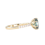 1.30ct Precision Cut Teal Green Radiant Montana Sapphire Lotus Six Prong Solitaire with Diamonds in 18k Yellow Gold