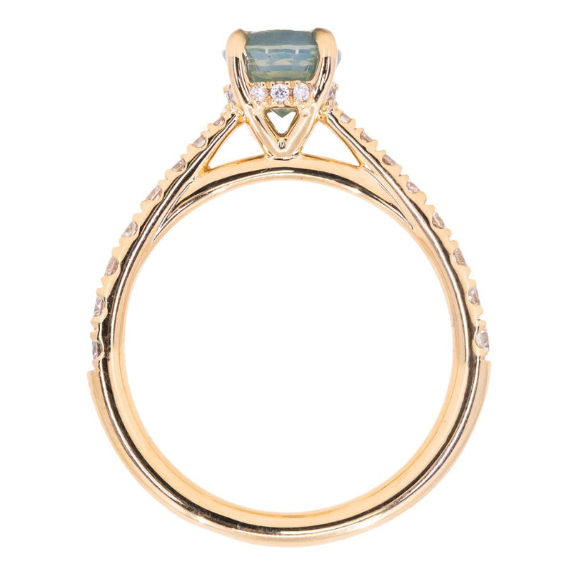 1.61ct Oval Opalescent Sapphire Hidden Halo Solitaire with French Set Diamonds in 18k Yellow Gold