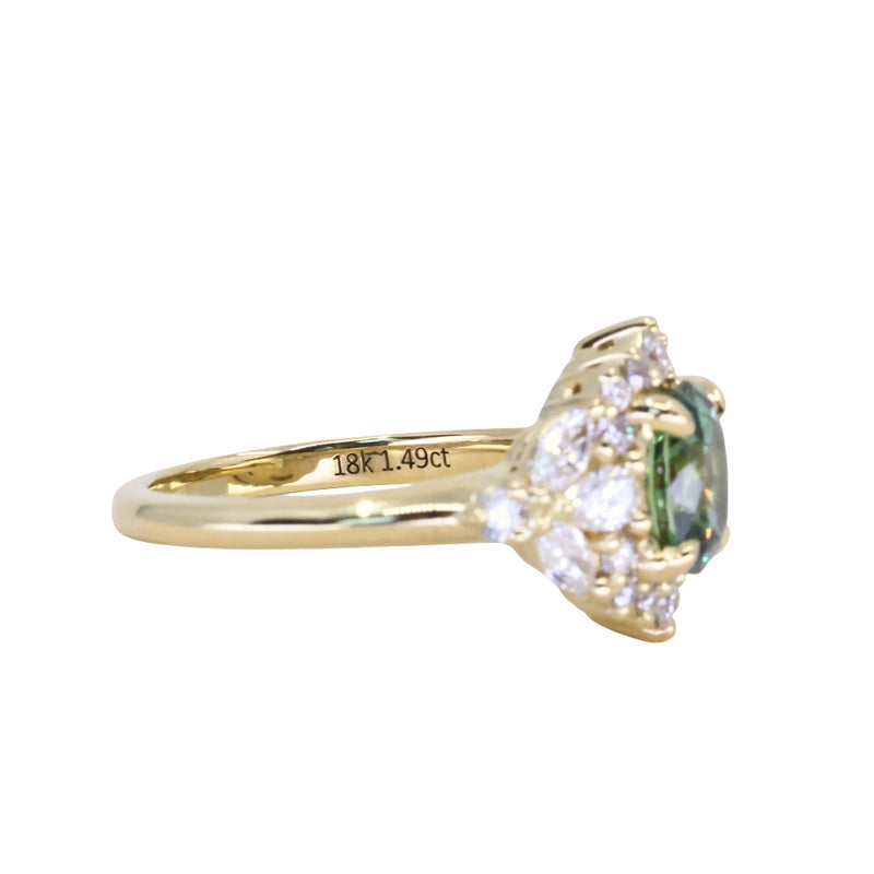 1.49ct Elongated Cushion Cut Montana Sapphire and Diamond Floral Halo in 18k Yellow Gold