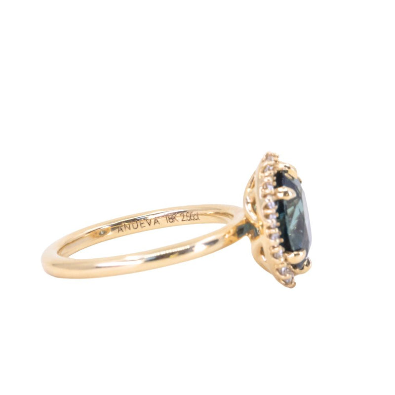 2.56ct Untreated Madagascar Oval Teal Sapphire Antique-Style Diamond Halo Ring in 18k Yellow Gold