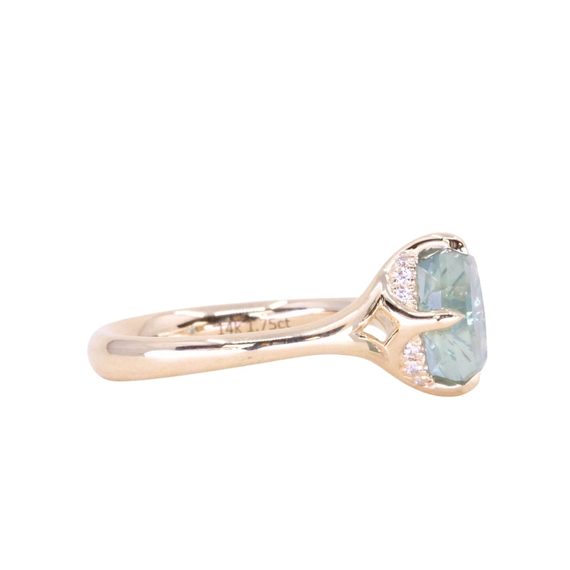 1.75ct Barion Shape Fantasy Cut Carved Montana Sapphire Split Shank Hidden Halo Six Prong Solitaire in 14k Yellow Gold