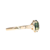 3.22ct Teal Oval Madagascar Sapphire and Diamond Vintage Cathedral Four Prong Ring in 14k Yellow Gold