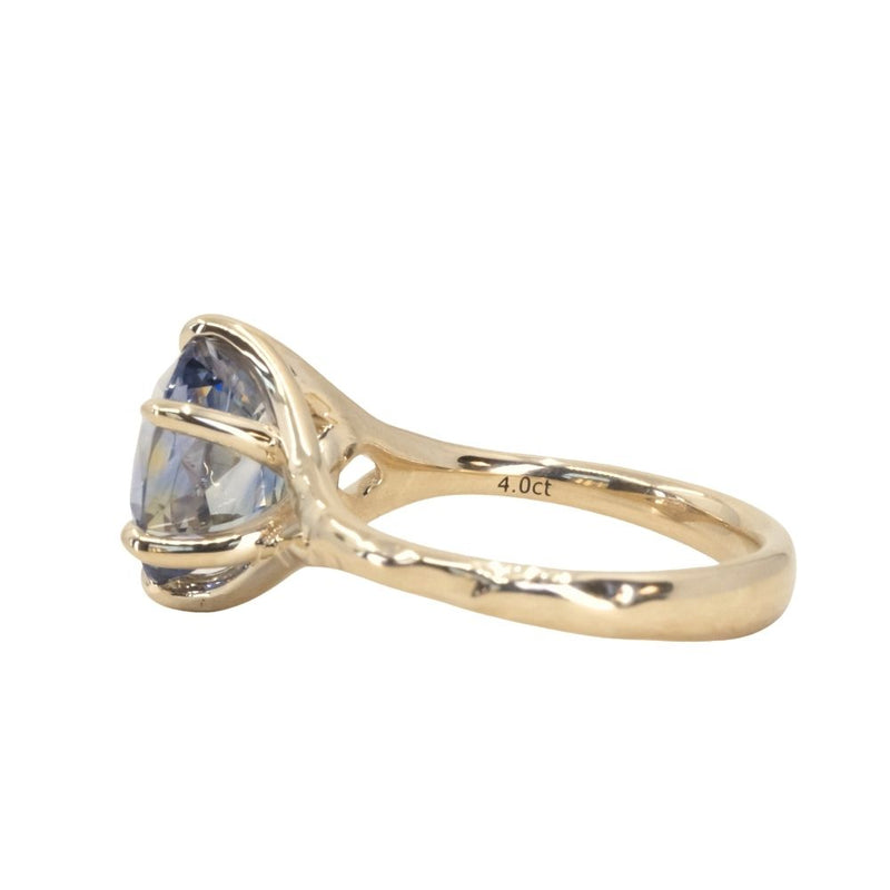 4.0ct Bicolor Parti Oval Sapphire Low Profile Six Prong Split Shank Evergreen Solitaire in 14k Yellow Gold